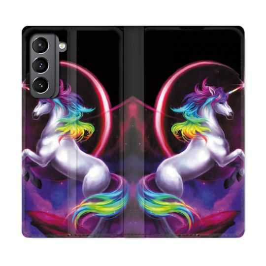 Housse Cuir Portefeuille Pour Samsung Galaxy S21 Licorne Arc en ciel