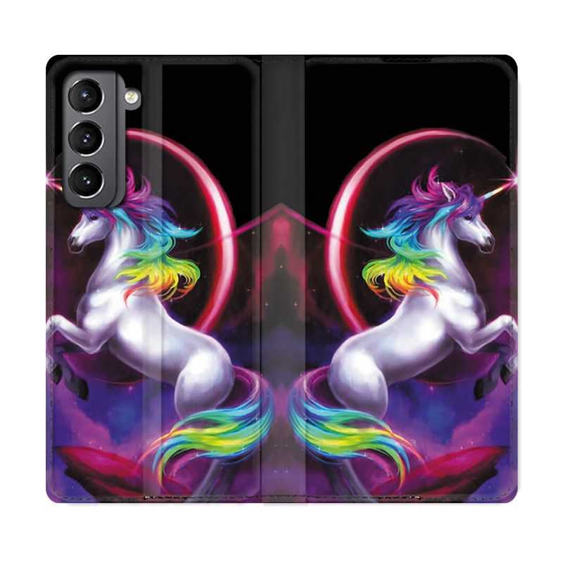 Housse Cuir Portefeuille Pour Samsung Galaxy S21 Licorne Arc en ciel