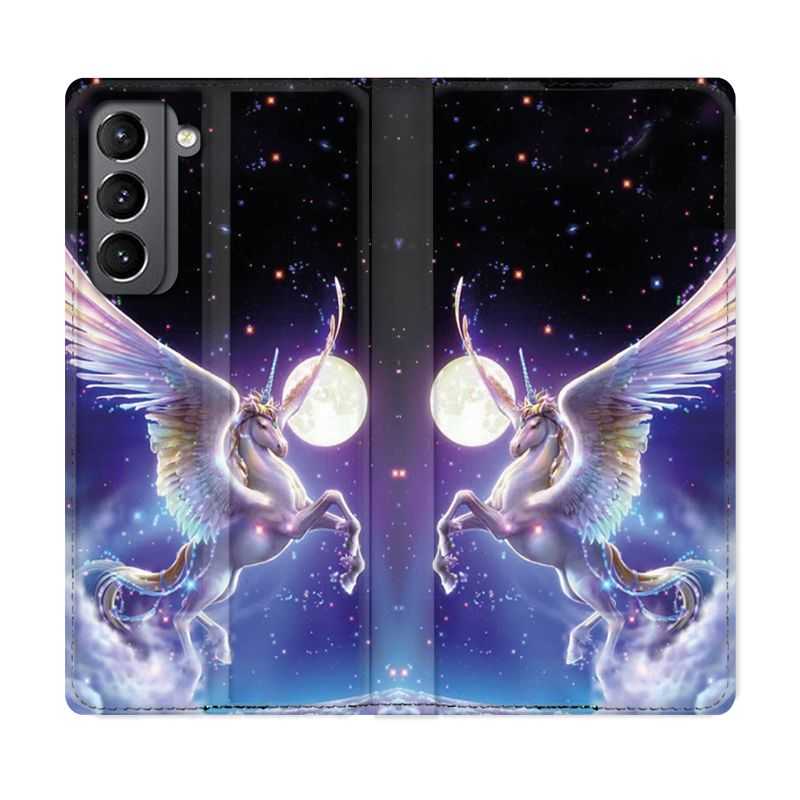Housse Cuir Portefeuille Pour Samsung Galaxy S21 Licorne Céleste