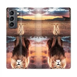 Housse Cuir Portefeuille Pour Samsung Galaxy S21 Lion Reflet