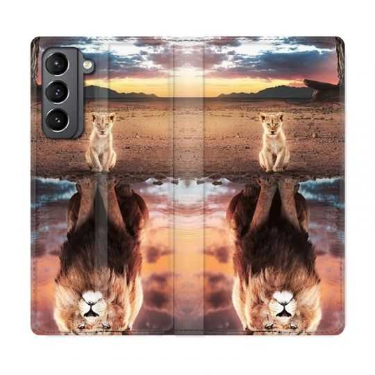 Housse Cuir Portefeuille Pour Samsung Galaxy S21 Lion Reflet