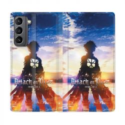 Housse Cuir Portefeuille Pour Samsung Galaxy S21 Manga Attaque Titans Soleil