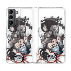 Housse Cuir Portefeuille Pour Samsung Galaxy S21 Manga Demon Slayer Blanc