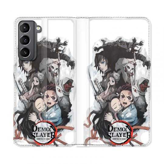 Housse Cuir Portefeuille Pour Samsung Galaxy S21 Manga Demon Slayer Blanc