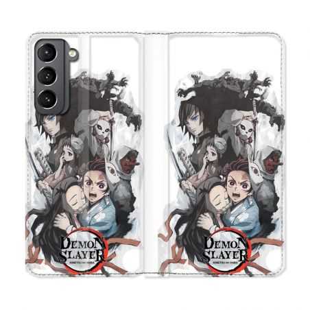 Housse Cuir Portefeuille Pour Samsung Galaxy S21 Manga Demon Slayer Blanc