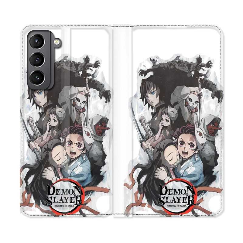Housse Cuir Portefeuille Pour Samsung Galaxy S21 Manga Demon Slayer Blanc