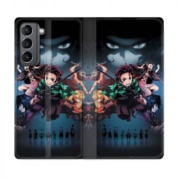 Housse Cuir Portefeuille Pour Samsung Galaxy S21 Manga Demon Slayer Noir