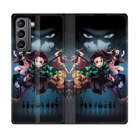 Housse Cuir Portefeuille Pour Samsung Galaxy S21 Manga Demon Slayer Noir