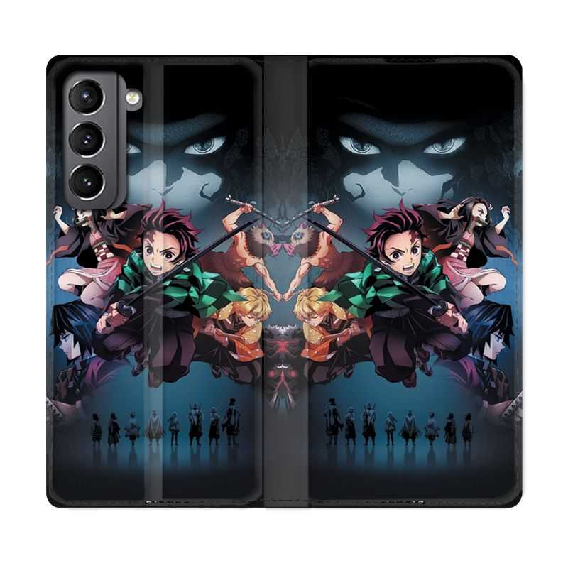 Housse Cuir Portefeuille Pour Samsung Galaxy S21 Manga Demon Slayer Noir