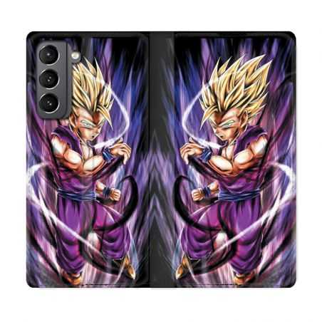 Housse Cuir Portefeuille Pour Samsung Galaxy S21 Manga Dragon Ball Sangohan Violet