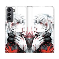 Housse Cuir Portefeuille Pour Samsung Galaxy S21 Manga Kaneki Blanc