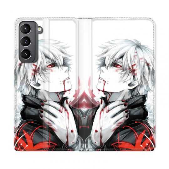 Housse Cuir Portefeuille Pour Samsung Galaxy S21 Manga Kaneki Blanc