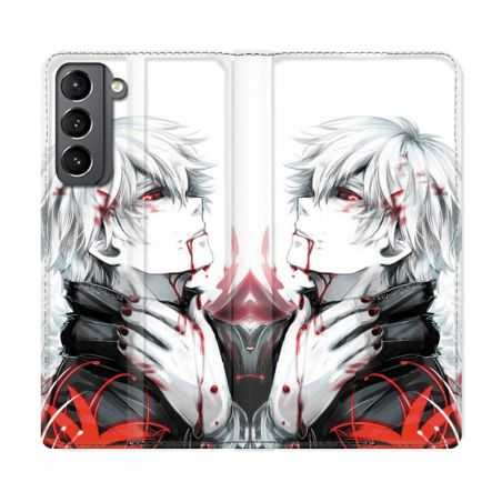 Housse Cuir Portefeuille Pour Samsung Galaxy S21 Manga Kaneki Blanc