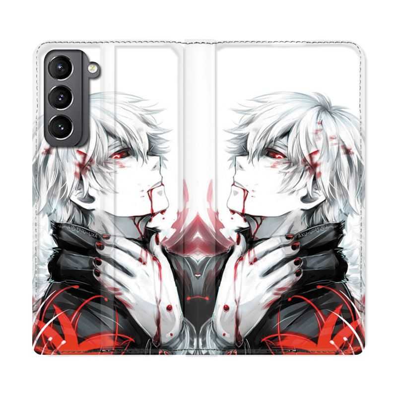 Housse Cuir Portefeuille Pour Samsung Galaxy S21 Manga Kaneki Blanc
