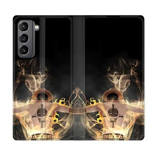 Housse Cuir Portefeuille Pour Samsung Galaxy S21 Manga One Piece Ace Noir