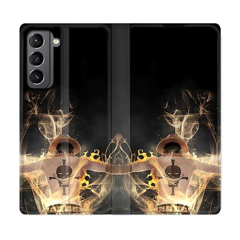 Housse Cuir Portefeuille Pour Samsung Galaxy S21 Manga One Piece Ace Noir