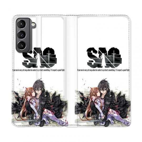 Housse Cuir Portefeuille Pour Samsung Galaxy S21 Manga SAO sword Art Online Blanc