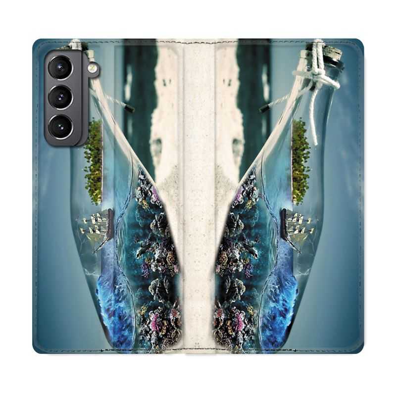 Housse Cuir Portefeuille Pour Samsung Galaxy S21 Mer Bouteille