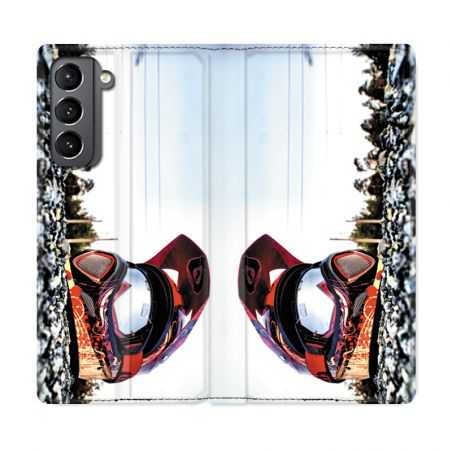 Housse Cuir Portefeuille Pour Samsung Galaxy S21 Moto Casque Cross