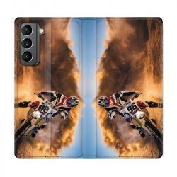 Housse Cuir Portefeuille Pour Samsung Galaxy S21 Moto Cross Blanc