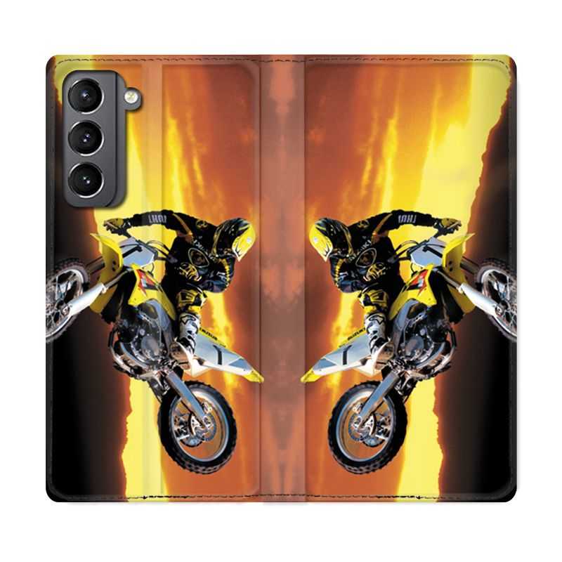 Housse Cuir Portefeuille Pour Samsung Galaxy S21 Moto Cross Noir