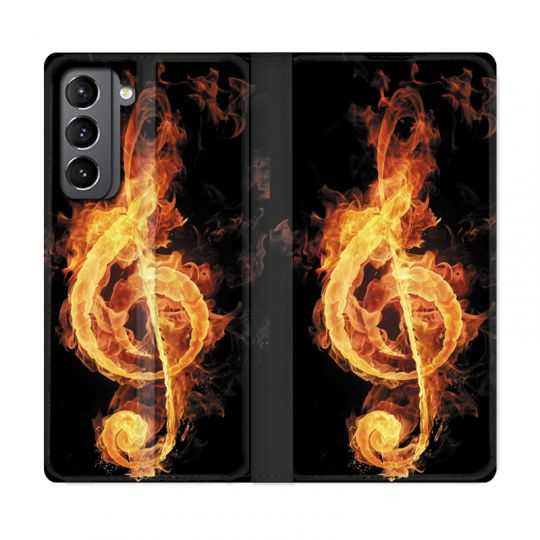 Housse Cuir Portefeuille Pour Samsung Galaxy S21 Musique Clé Sol Feu N
