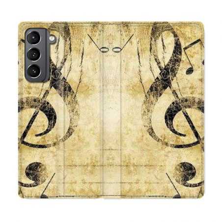 Housse Cuir Portefeuille Pour Samsung Galaxy S21 Musique Clé Sol Vintage