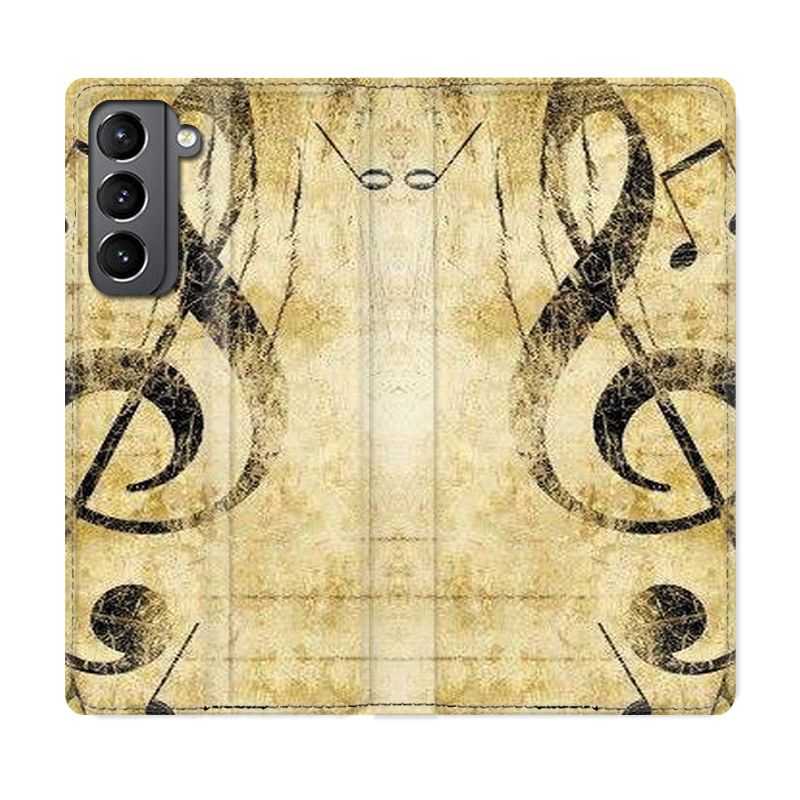 Housse Cuir Portefeuille Pour Samsung Galaxy S21 Musique Clé Sol Vintage
