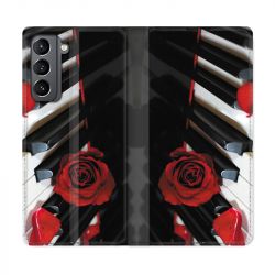 Housse Cuir Portefeuille Pour Samsung Galaxy S21 Musique Rose Piano