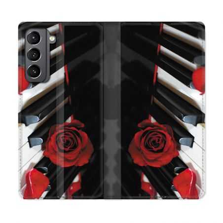 Housse Cuir Portefeuille Pour Samsung Galaxy S21 Musique Rose Piano