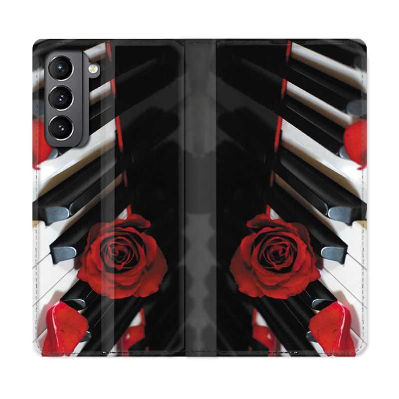 Housse Cuir Portefeuille Pour Samsung Galaxy S21 Musique Rose Piano