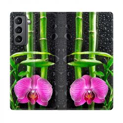 Housse Cuir Portefeuille Pour Samsung Galaxy S21 Orchidee Bambou