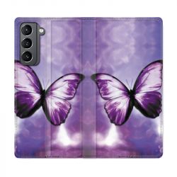 Housse Cuir Portefeuille Pour Samsung Galaxy S21 Papillon Violet et Blanc