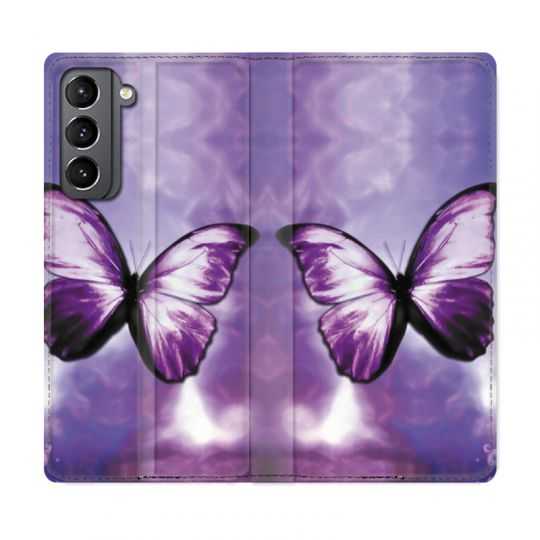 Housse Cuir Portefeuille Pour Samsung Galaxy S21 Papillon Violet et Blanc
