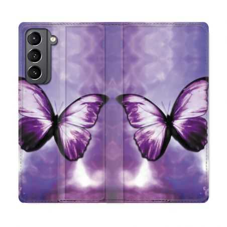 Housse Cuir Portefeuille Pour Samsung Galaxy S21 Papillon Violet et Blanc