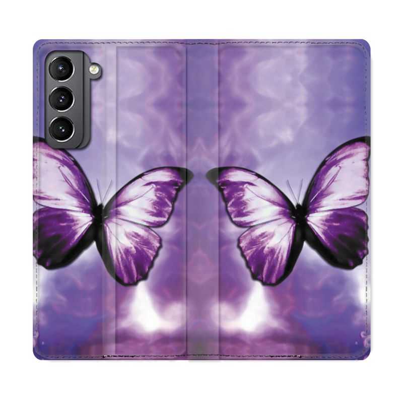 Housse Cuir Portefeuille Pour Samsung Galaxy S21 Papillon Violet et Blanc