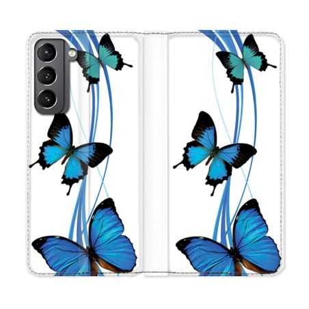Housse Cuir Portefeuille Pour Samsung Galaxy S21 Papillon bleu sur Blanc