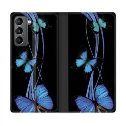 Housse Cuir Portefeuille Pour Samsung Galaxy S21 Papillon bleu sur Noir