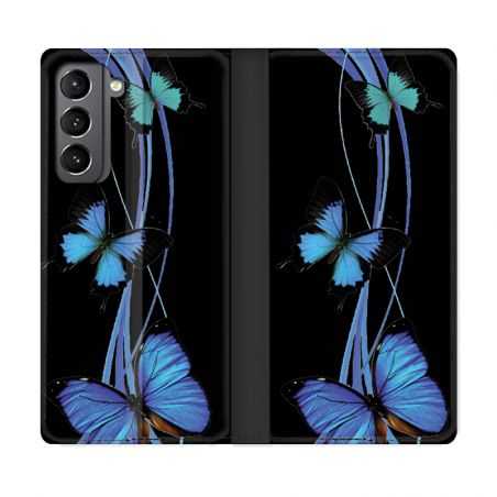 Housse Cuir Portefeuille Pour Samsung Galaxy S21 Papillon bleu sur Noir