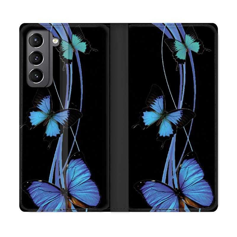 Housse Cuir Portefeuille Pour Samsung Galaxy S21 Papillon bleu sur Noir