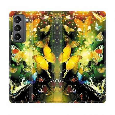 Housse Cuir Portefeuille Pour Samsung Galaxy S21 Papillon Jaune