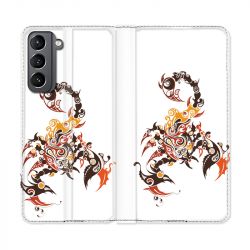 Housse Cuir Portefeuille Pour Samsung Galaxy S21 Scorpion Blanc