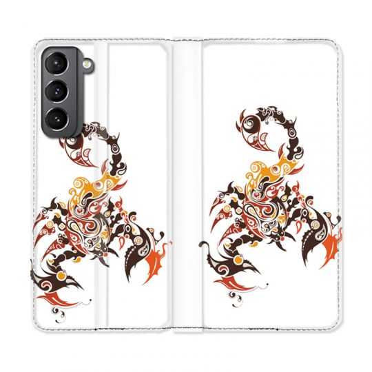 Housse Cuir Portefeuille Pour Samsung Galaxy S21 Scorpion Blanc