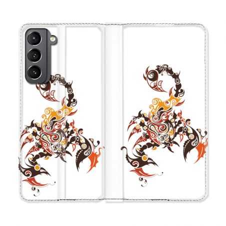 Housse Cuir Portefeuille Pour Samsung Galaxy S21 Scorpion Blanc