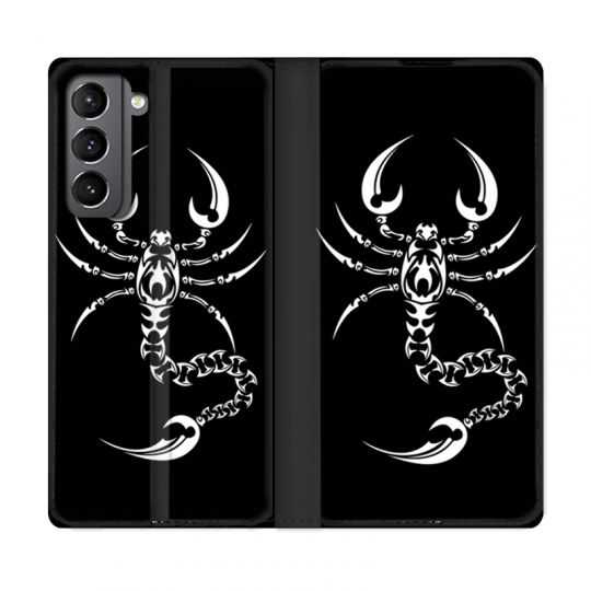 Housse Cuir Portefeuille Pour Samsung Galaxy S21 Scorpion Noir