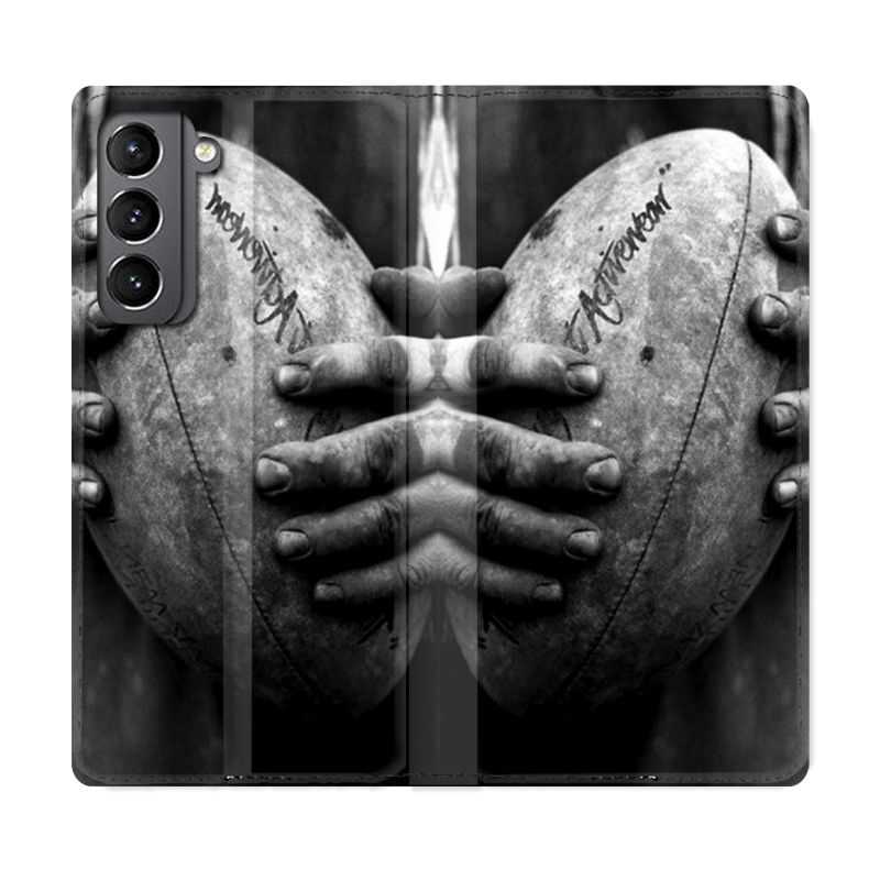 Housse Cuir Portefeuille Pour Samsung Galaxy S21 Rugby Ballon Vintage