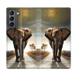 Housse Cuir Portefeuille Pour Samsung Galaxy S21 Savane Elephant Route
