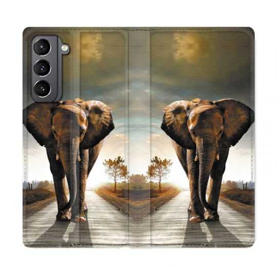 Housse Cuir Portefeuille Pour Samsung Galaxy S21 Savane Elephant Route