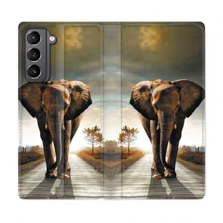Housse Cuir Portefeuille Pour Samsung Galaxy S21 Savane Elephant Route