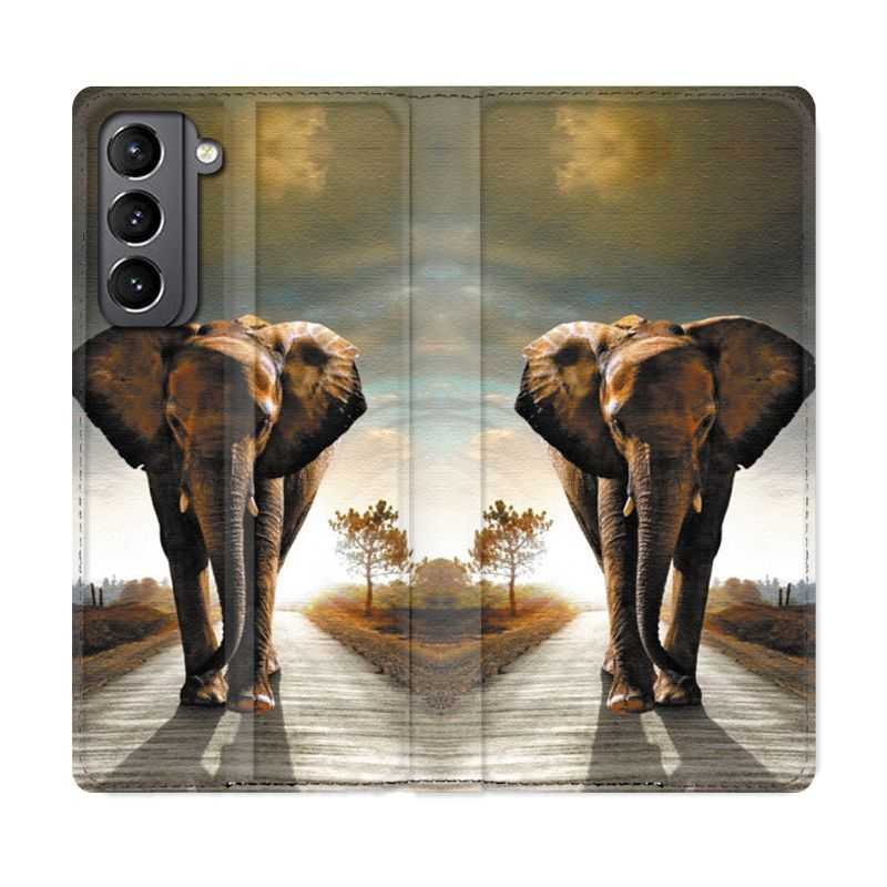 Housse Cuir Portefeuille Pour Samsung Galaxy S21 Savane Elephant Route